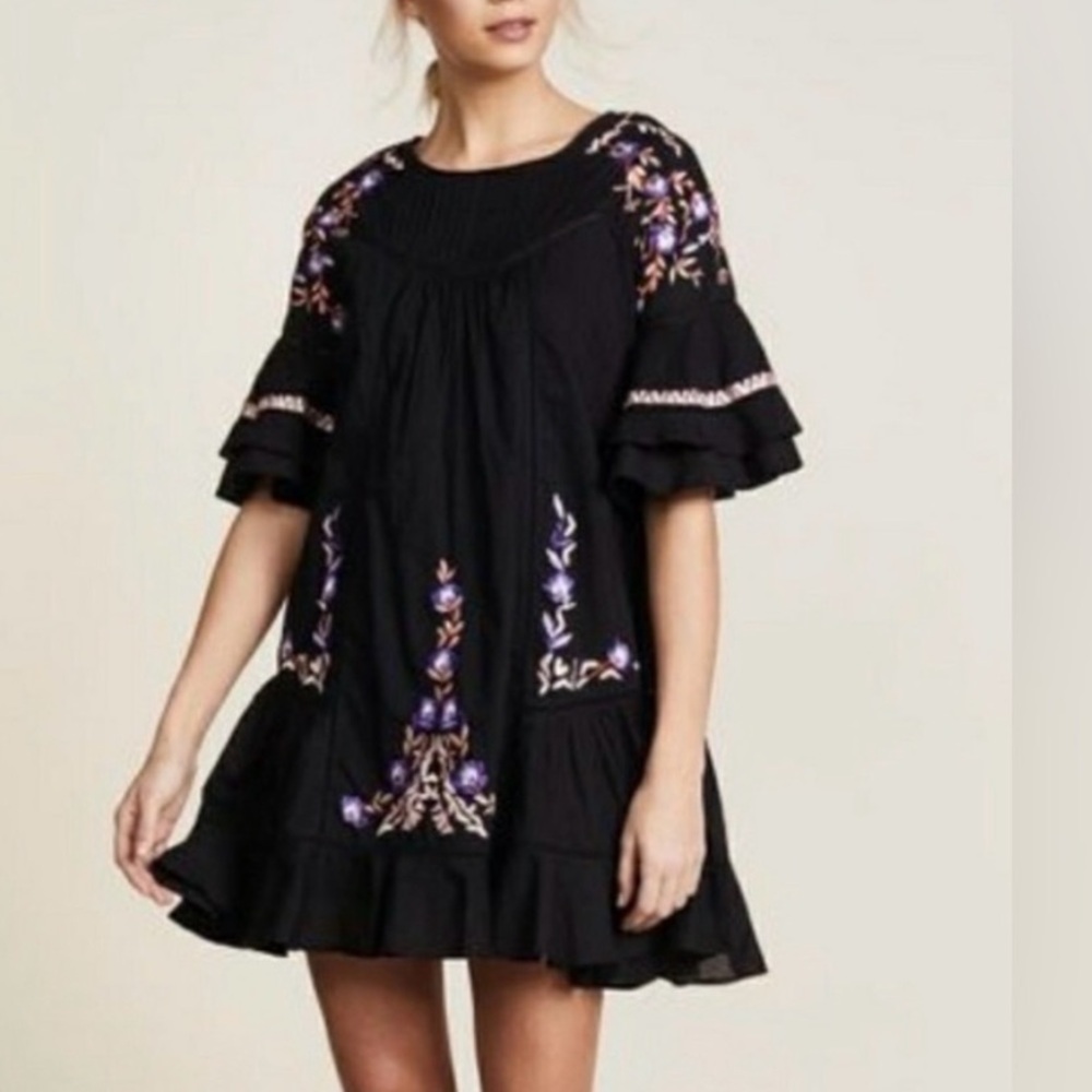 Free People Women's Size Small Black Dress Ruffles Floral Embroidered Boho
